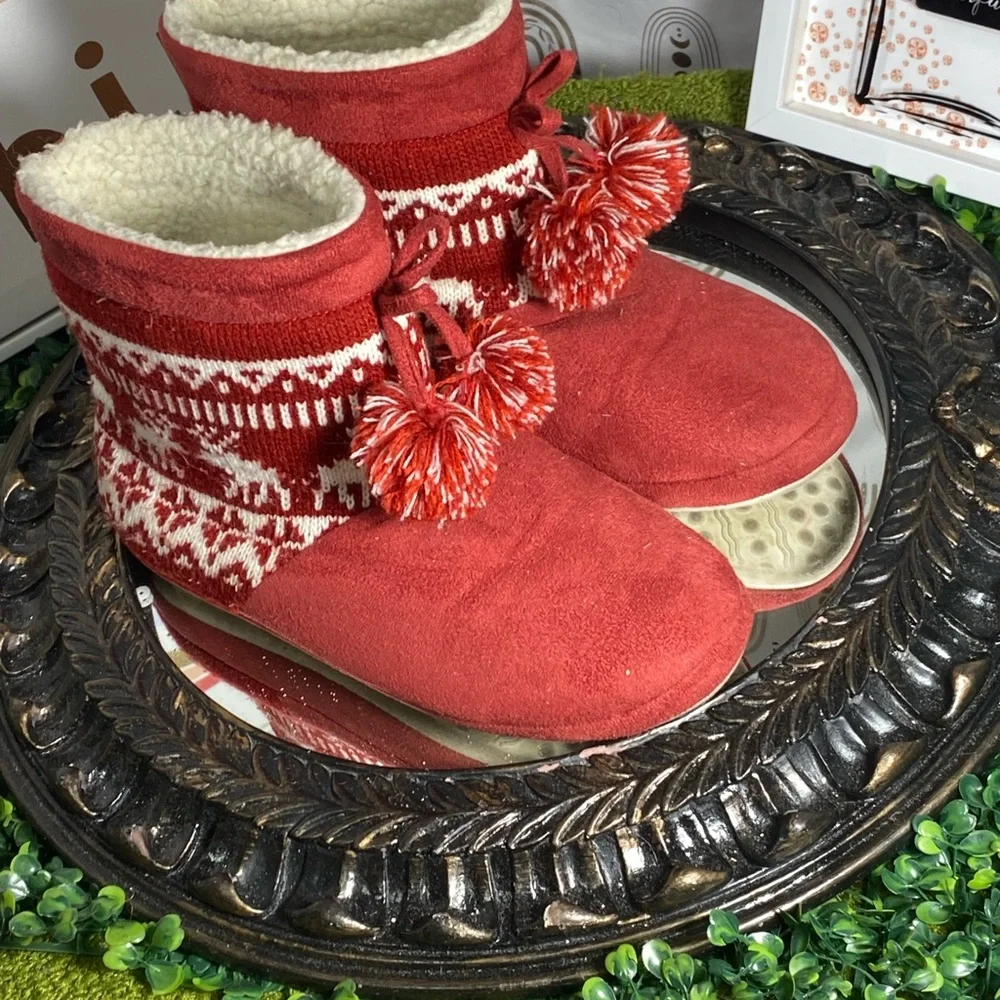 Red Slipper Boots with Pom Poms